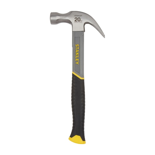 STANLEY STHT0-51310 claw hammer, 20oz, black and yellow handle, side angle photo.