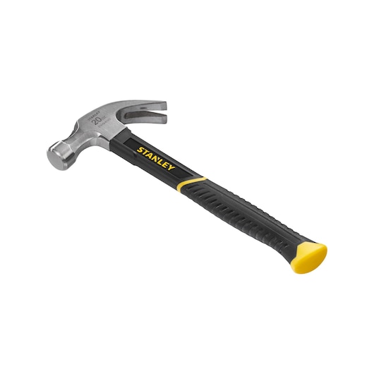STANLEY STHT0-51310 claw hammer with black and yellow grip, side angle, white background.