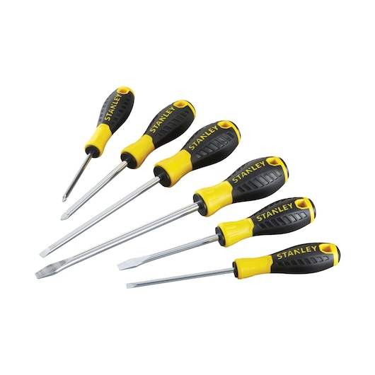 Set of six Stanley screwdrivers with yellow and black handles, featuring flat and Phillips heads.