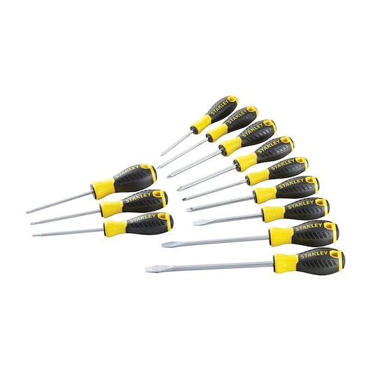 Photo of STANLEY STHT0-60212 screwdriver set with eleven yellow and black ergonomic handle screwdrivers, top view, white background.