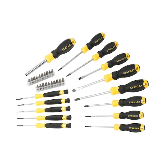 Stanley screwdriver set with yellow and black handles and multiple bits, arranged on a white background.