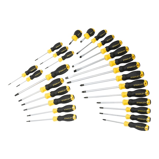 Stanley set of assorted black and yellow screwdrivers with various sizes and types arranged in a V shape.