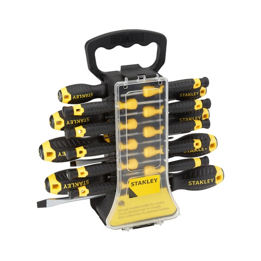 Stanley screwdriver set with black and yellow handles in a plastic storage case with a carry handle.