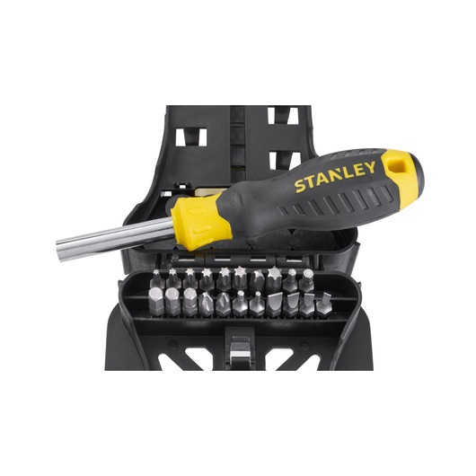 STANLEY STHT0-62144 screwdriver set with black and yellow handle, multiple bits in plastic case, front angle.