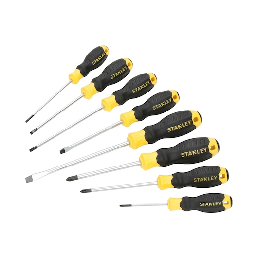 Stanley set of eight screwdrivers with black and yellow handles arranged in a row on a white background.