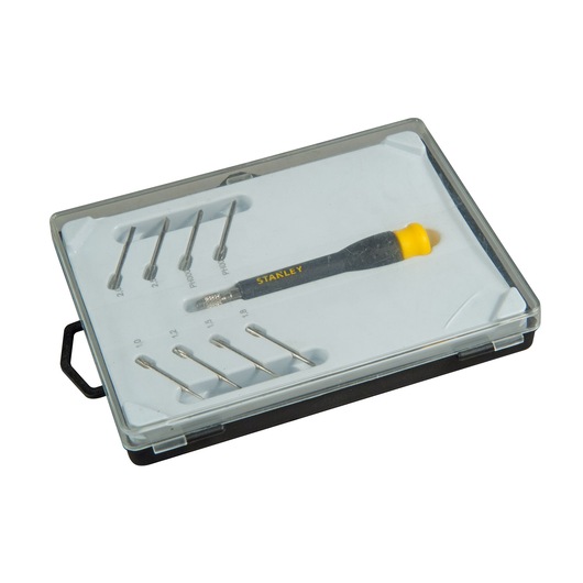 STANLEY STHT0-62629 precision screwdriver set with black and yellow handle and multiple bits in clear plastic case, angled view.