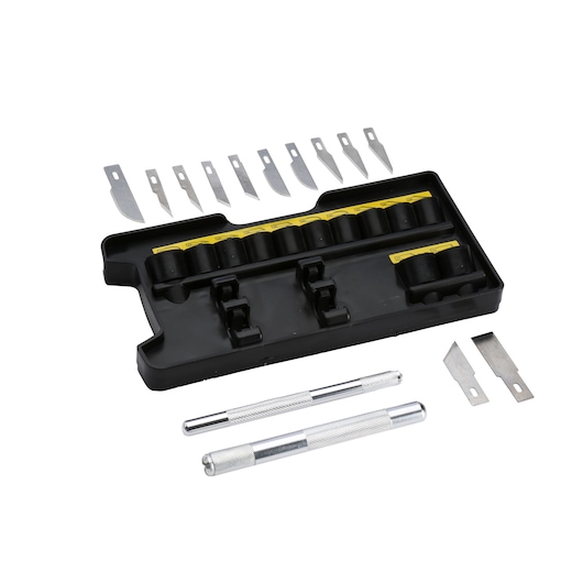 STANLEY STHT0-73872 precision knife set with metal handles, multiple blades, and black storage case, top angle.