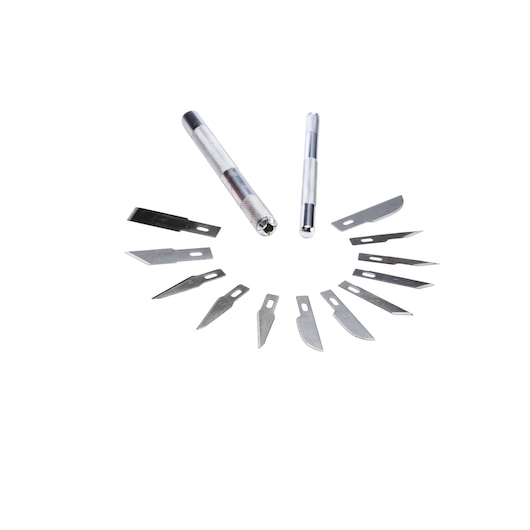 Two precision knives and assorted replacement blades arranged in a semicircle on a white background.