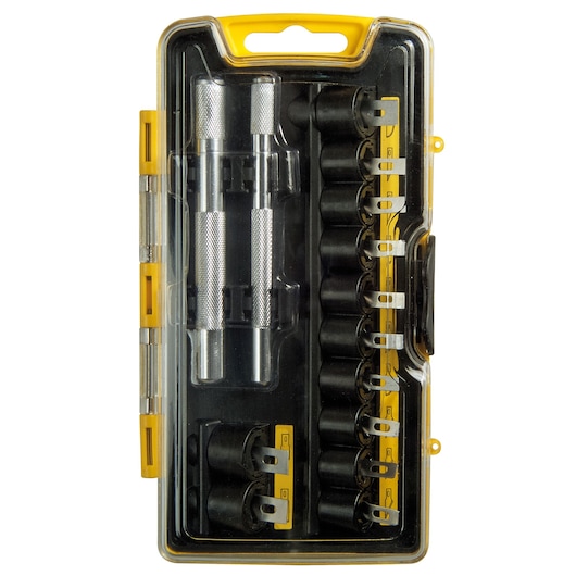 Stanley punch tool set in a yellow and black plastic storage case with multiple punches and handles.