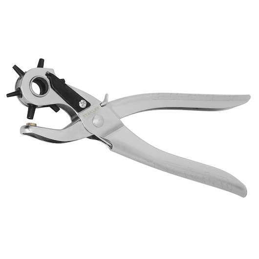 Metal rotary leather hole punch tool with multiple sizes, silver handle, used for punching holes in materials.