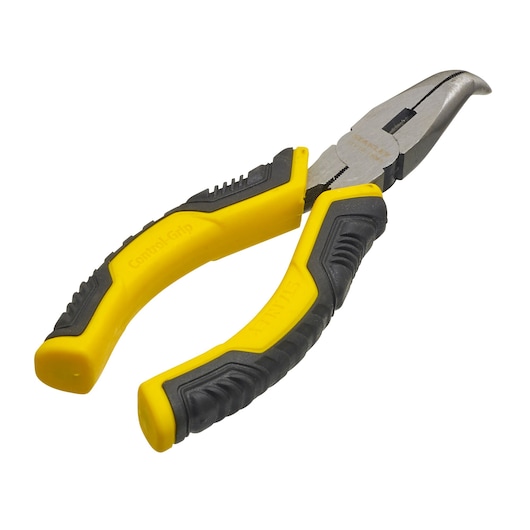STANLEY STHT0-75065 control grip pliers with yellow and black handles, angled view on white background.