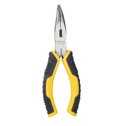 Photo of STANLEY STHT0-75065 combination pliers with yellow and black Control-Grip handles, front angle on white.