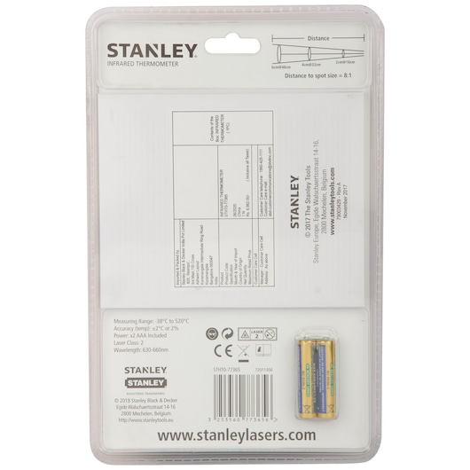 Photo of Stanley STHT0-77365 infrared thermometer packaging back, showing specifications, barcode, and two AA batteries.