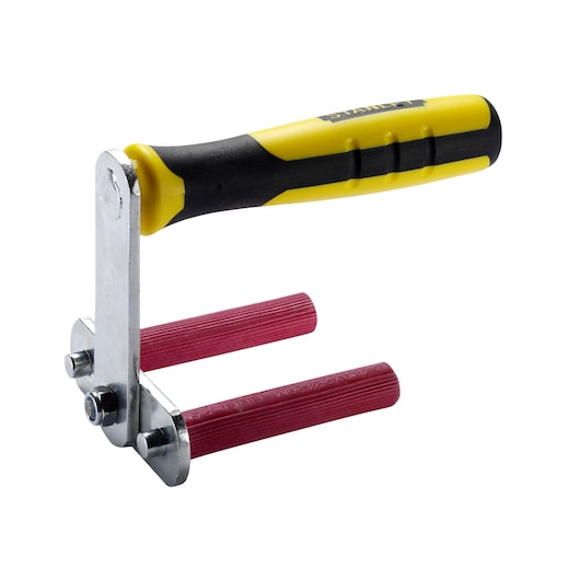 Stanley tool with yellow handle and metal parts, featuring two red bars for gripping or alignment.