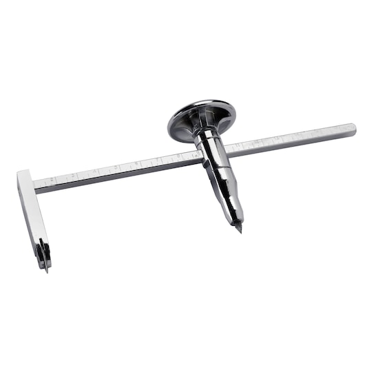 STANLEY STHT1-05878 metal marking gauge, silver finish, ruler and adjustable head, top angle photo.