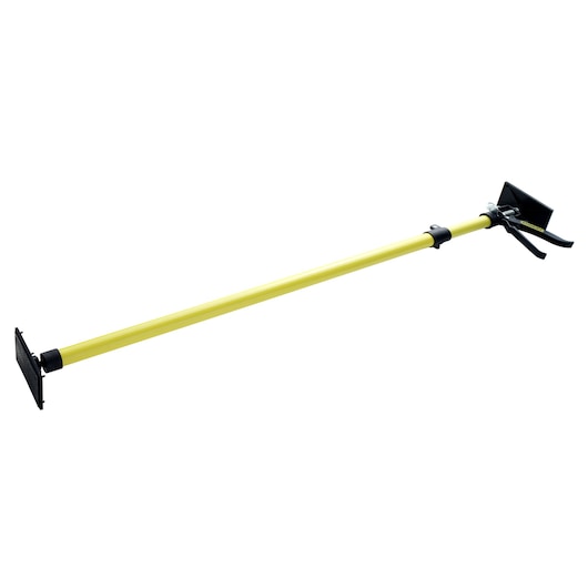 Stanley adjustable yellow pole tool with black pads at both ends for supporting or securing materials.