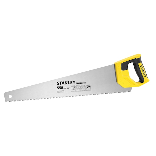 Stanley handsaw with yellow and black handle, 550mm blade for cutting wood and construction materials.