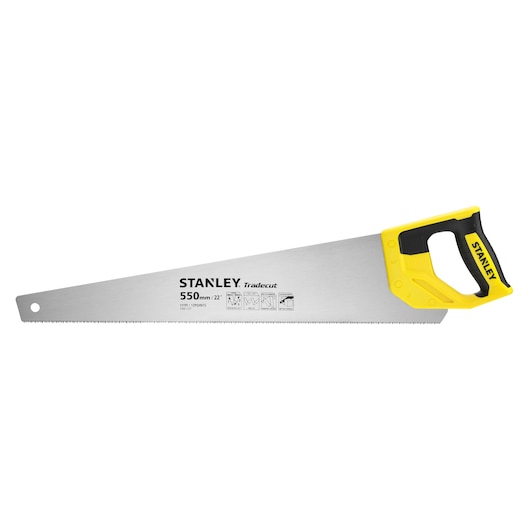 Stanley Tradecut 550mm hand saw with yellow and black handle for cutting wood or similar materials.