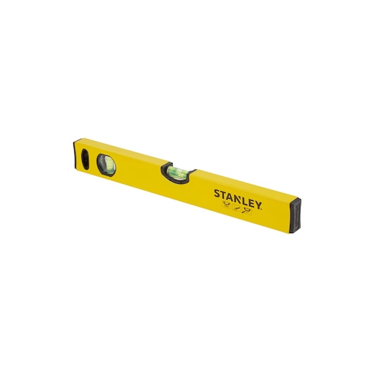 Yellow Stanley spirit level tool with three vials, used for measuring horizontal and vertical alignment.