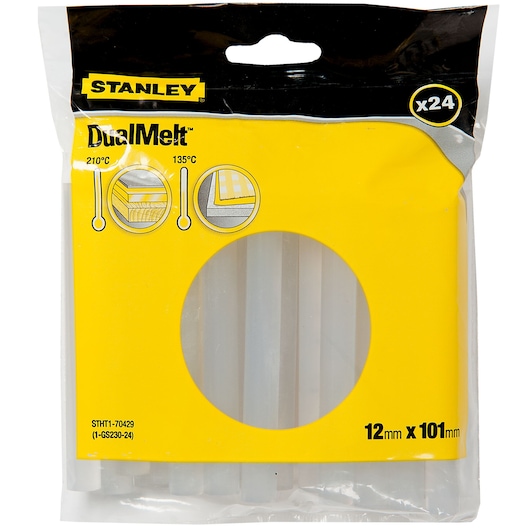 Photo of STANLEY STHT1-70429 DualMelt glue sticks pack, 24 clear sticks, 12mm x 101mm, front view.