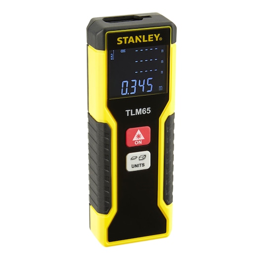 STANLEY STHT1-77032 laser distance measurer, yellow and black, angled product photo on white background.
