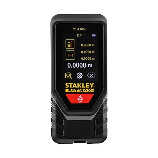 Photo of STANLEY STHT1-77142 laser distance measurer front view, black and yellow design, digital display.