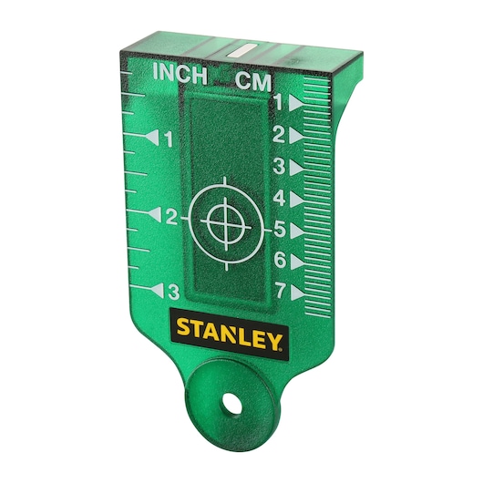 Green STANLEY laser target plate with inch and cm scales for measurement and alignment.
