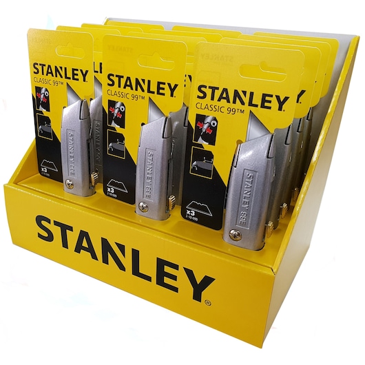 Photo of STANLEY STHT10099-9 utility knives display, yellow box with multiple Classic 99™ metal knives, front view.