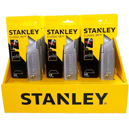 Photo of STANLEY STHT10099-9 utility knives display box, four silver knives in classic yellow packaging, front view.