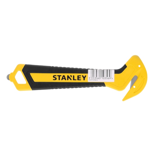 STANLEY STHT10356-0 utility knife, yellow and black, side angle, ergonomic plastic handle and hooked blade.