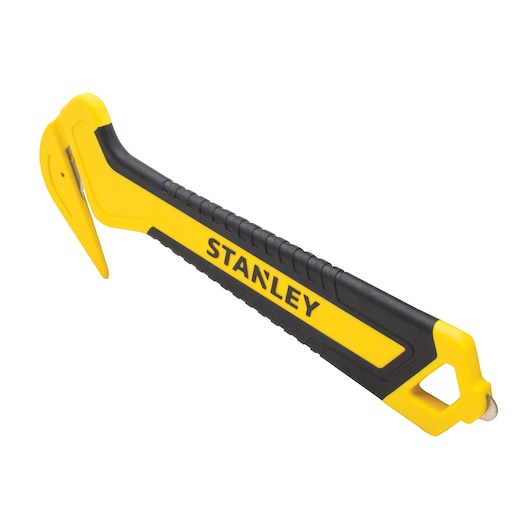 STANLEY STHT10356 safety utility knife, yellow and black, side angle photo.