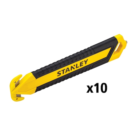 Photo of STANLEY STHT10360-1 safety knife, yellow and black, pack of 10, side view on white background.