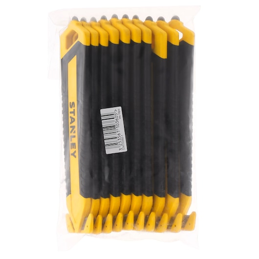 STANLEY STHT10360-1 utility knife set, black and yellow, front view, packed in clear plastic bag.