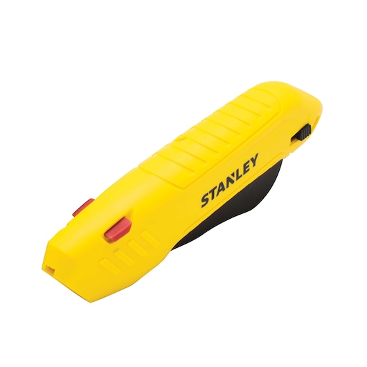 Photo of STANLEY STHT10368-0 yellow utility knife with red safety buttons, angled on white background.