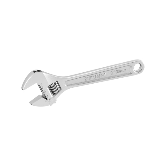 Silver adjustable wrench with measurement scale and hole at the handle end, shown on a white background.