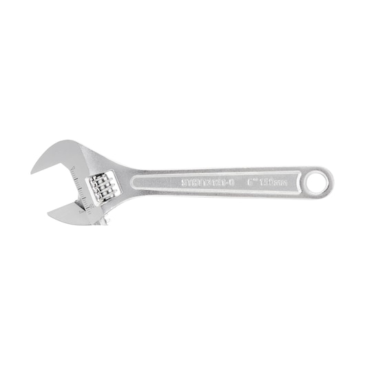 Silver adjustable wrench with measurement scale and hole in handle shown on white background.