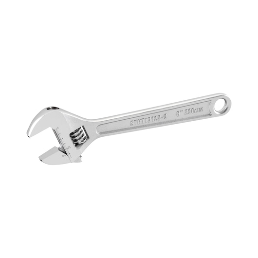 Silver adjustable wrench with measurement markings, Stanley brand, 8 inch size, hole on handle end.