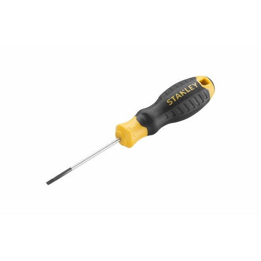 STANLEY STHT16151-0 slotted screwdriver with black and yellow ergonomic handle, side angle on white background.