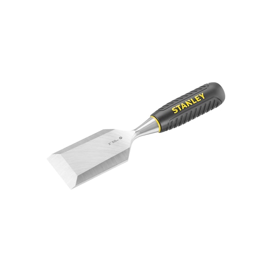 STANLEY STHT16737-0 chisel with black ergonomic handle and beveled steel blade, side view, white background.
