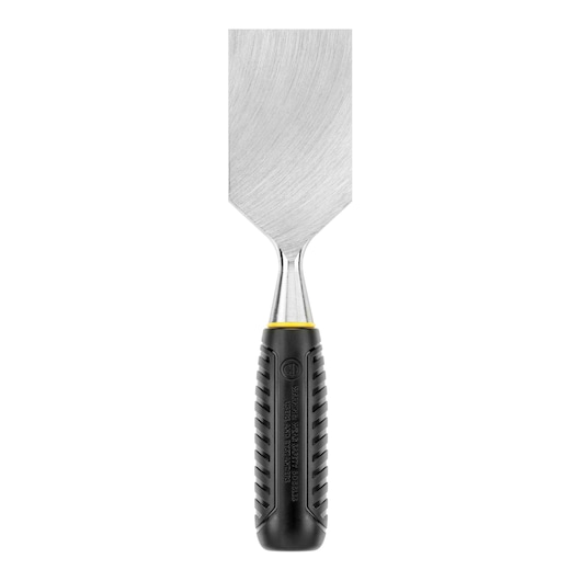 STANLEY STHT16737-0 putty knife with black and yellow ergonomic handle, front view, photography.