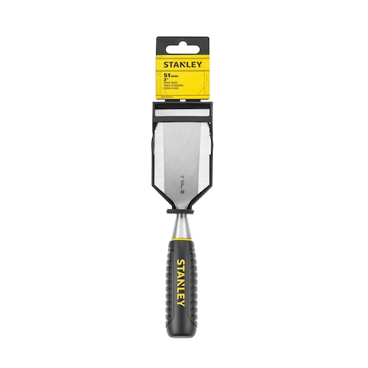 STANLEY STHT16737-0 chisel with 51mm blade and black-yellow handle, front view on white background.