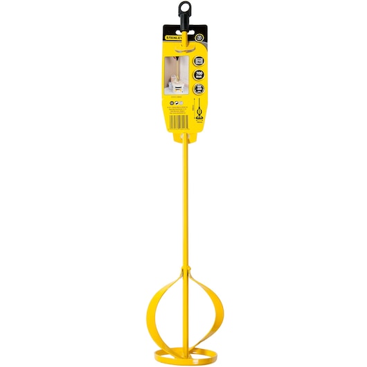 STANLEY STHT2-28043 paint mixer photographed front view, yellow metal tool with branded packaging.