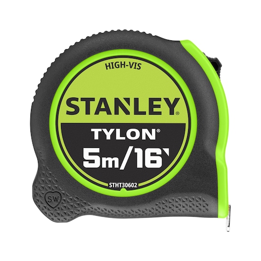STANLEY STHT30602-1 5m/16' Tylon tape measure, black and high-visibility green, front angle, white background.