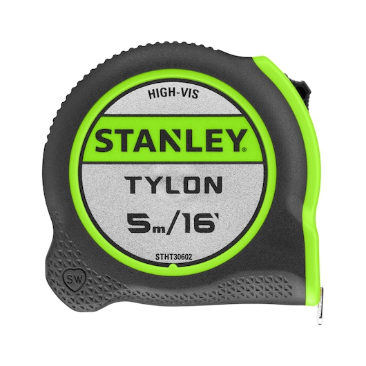 STANLEY STHT30602-1 5m/16' Tylon tape measure, black and high-visibility green, front angle, white background.