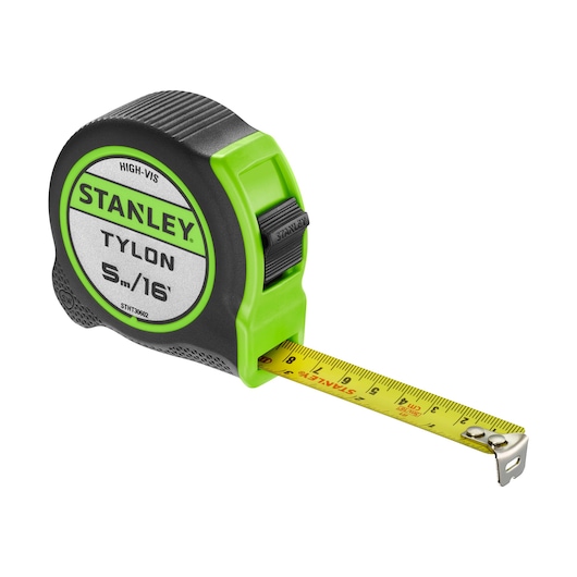 STANLEY STHT30602-1 tape measure with black and green case, extended yellow blade, product angle on white background.