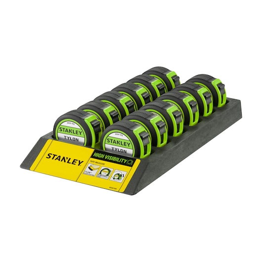 STANLEY STHT30602-1 tape measures with high visibility green accents in display tray, angled view.