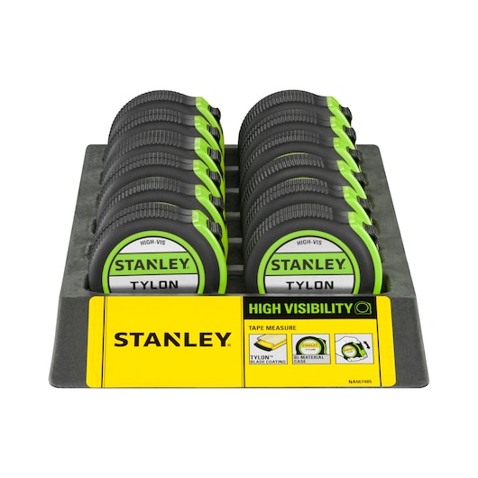 STANLEY STHT30602-1 high visibility Tylon tape measures in display tray, front angle, black and green.