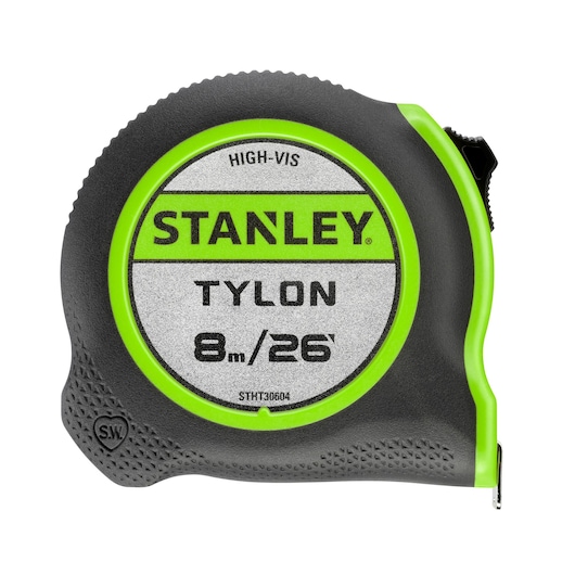 STANLEY STHT30604-1 tape measure, black and green, 8m/26ft, front view on white background.
