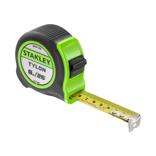 STANLEY STHT30604-1 tape measure with black and bright green casing, yellow measuring tape extended, front angle.