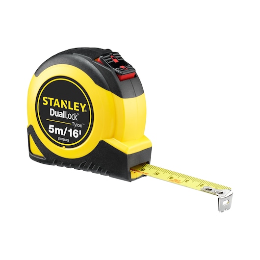 Photo of STANLEY STHT36806-0 DualLock 5m/16' tape measure, yellow and black casing, angled on white background.